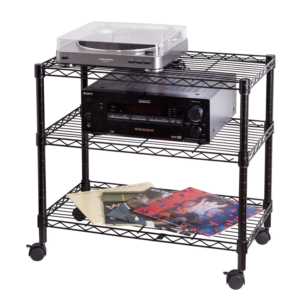 3-Tier Black Metal Rolling Adjustable Media Cart J4654