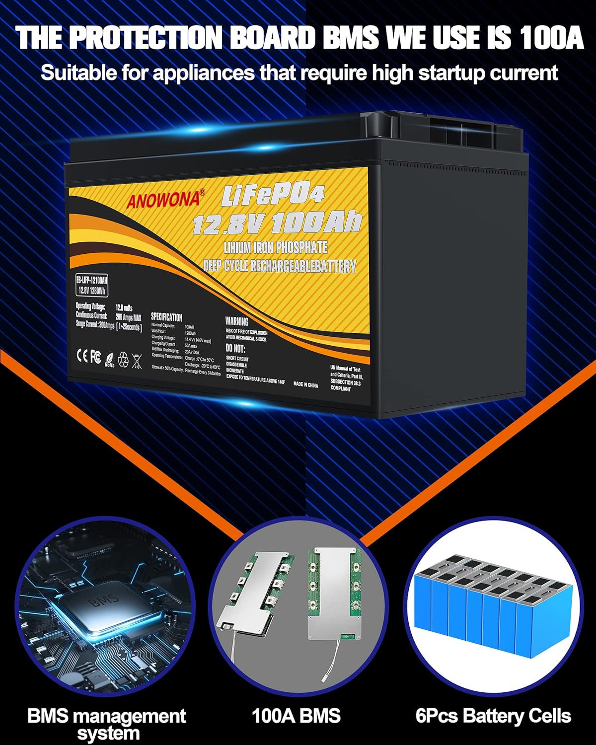 12.8V 100Ah LiFePO4 Deep Cycle Battery with 100A BMS H4491