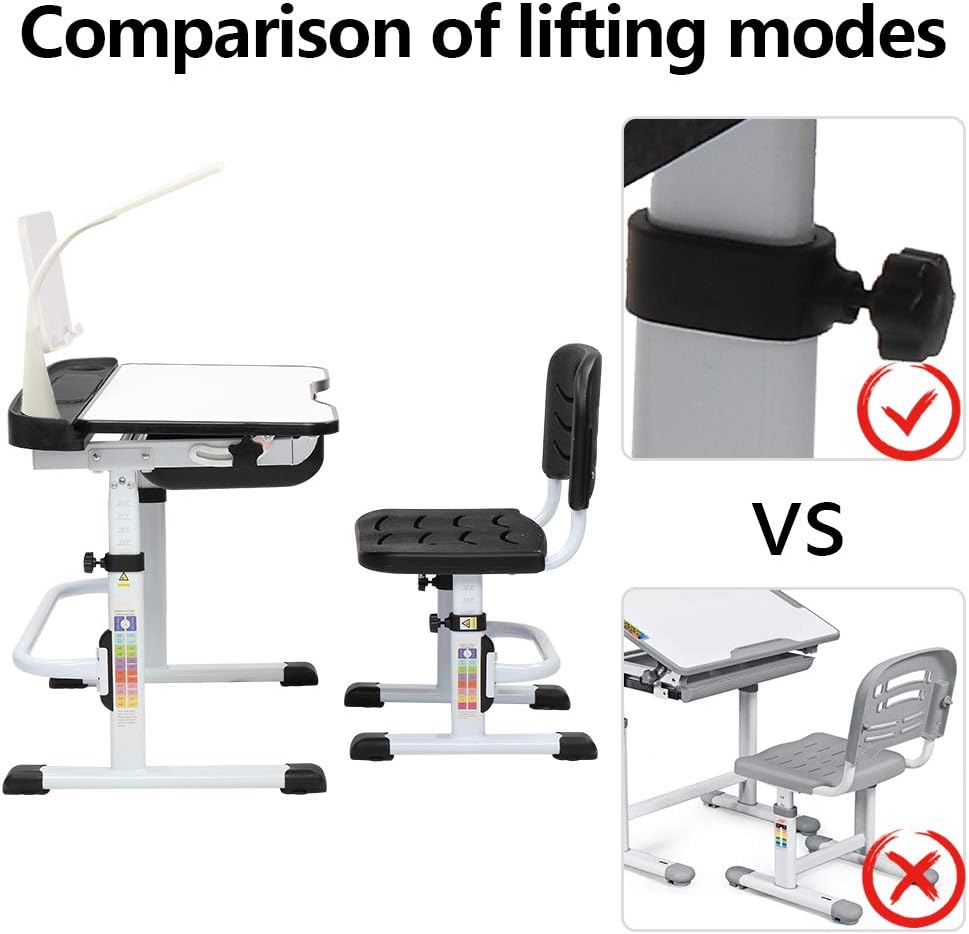 80CM Hand-cranked Lifting Top Can Tilt Children Learning Table and Chair Black with Reading Stand Desk Lamp F9551