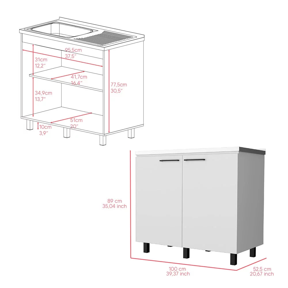 2 Piece Kitchen Set, Wall Cabinet + Utility Sink, White Finish N73422