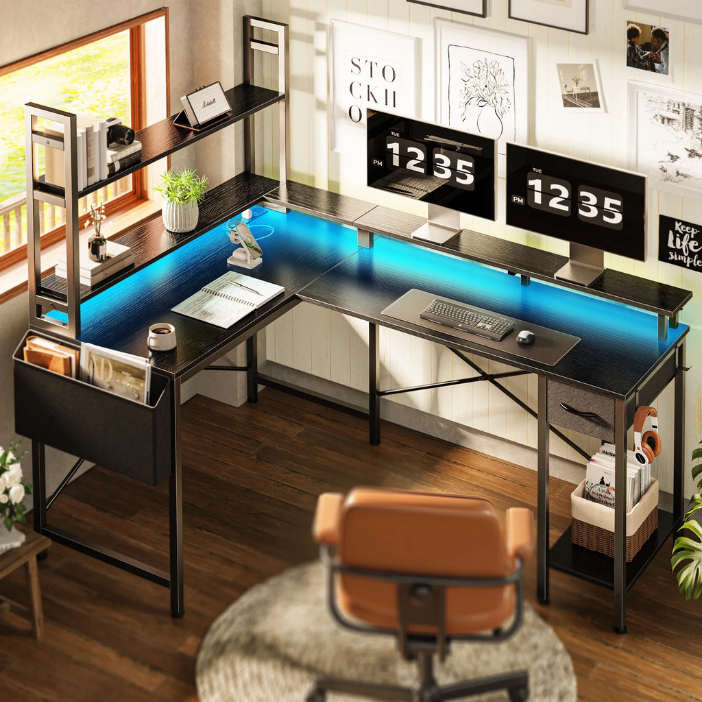 L Shaped Gaming Desk with Power Outlets and LED Lights, Black O963156