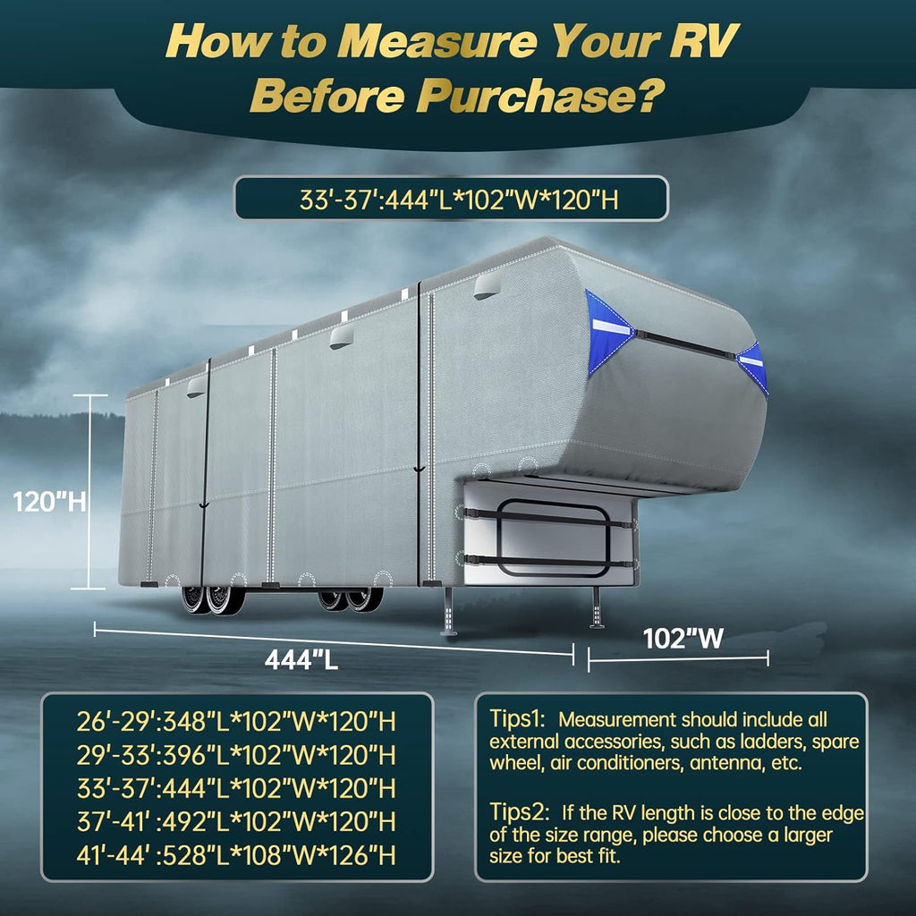 5th Wheel Travel Trailer Cover, 6 Layers Top RV Cover for 33’-37’ RV, Waterproof with 4 Tire Covers & 6 Gutter Covers J2870