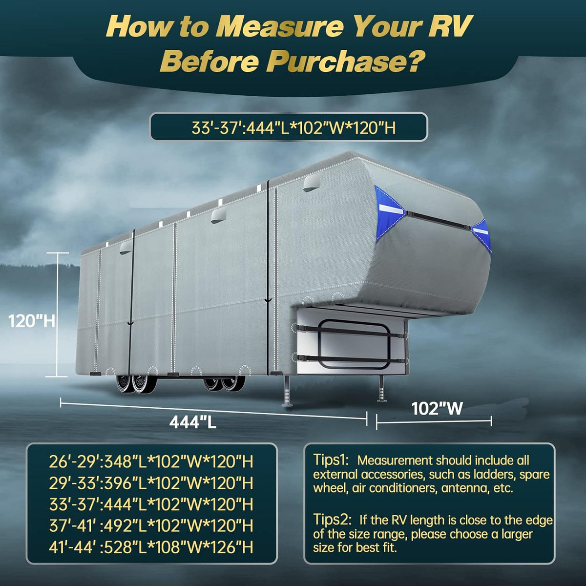 5th Wheel Travel Trailer Cover, 6 Layers Top RV Cover for 33’-37’ RV, Waterproof with 4 Tire Covers & 6 Gutter Covers J2870