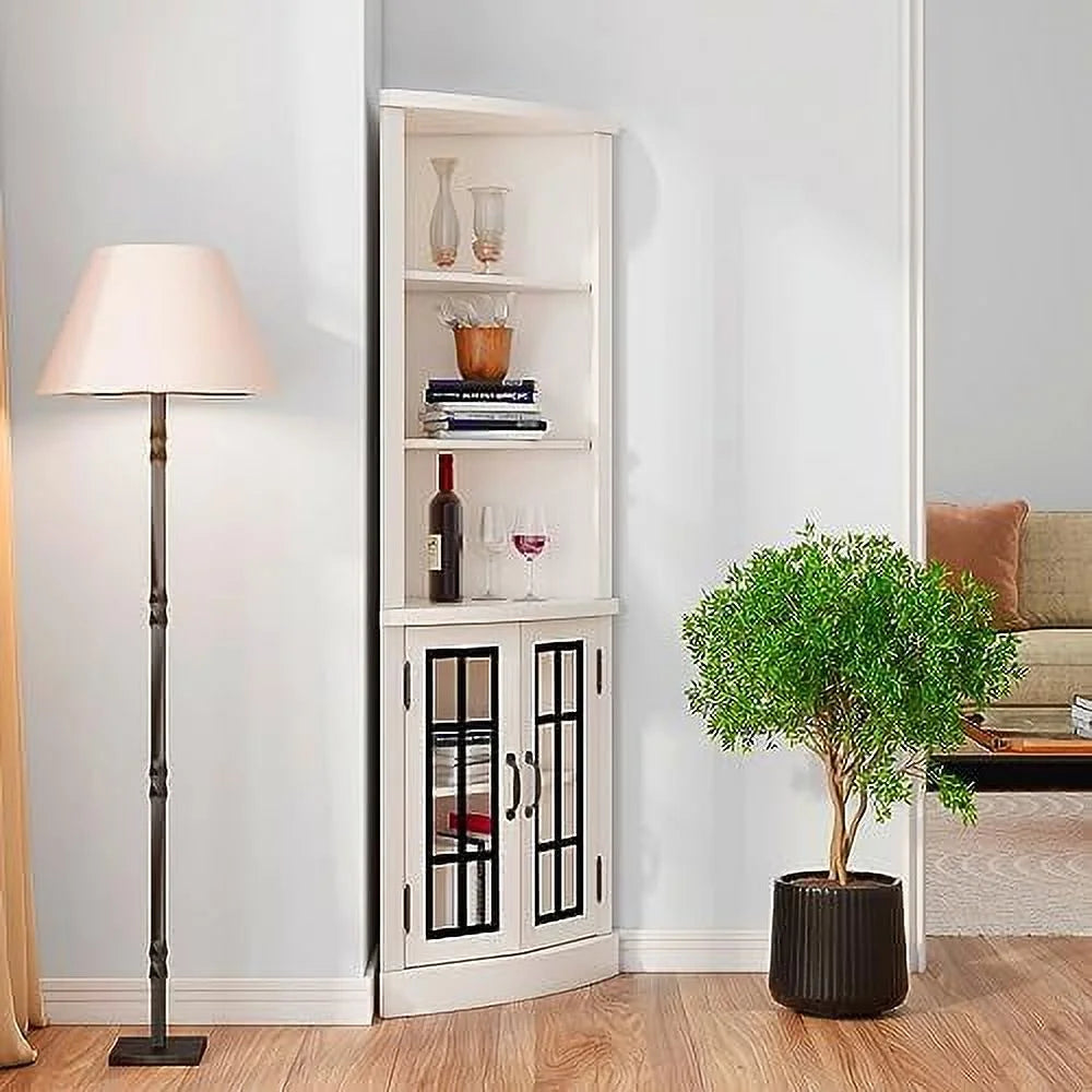 Washed Grey 5-Tier Corner Cabinet with Glass Doors Z13439