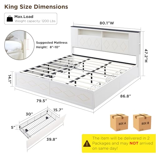 Queen Size Wood Platform Bed Frame with Storage Headboard and 4 Drawers J329293