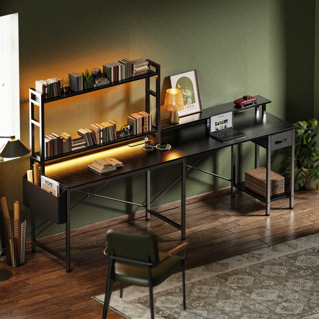L Shaped Gaming Desk with Power Outlets and LED Lights, Black O963156