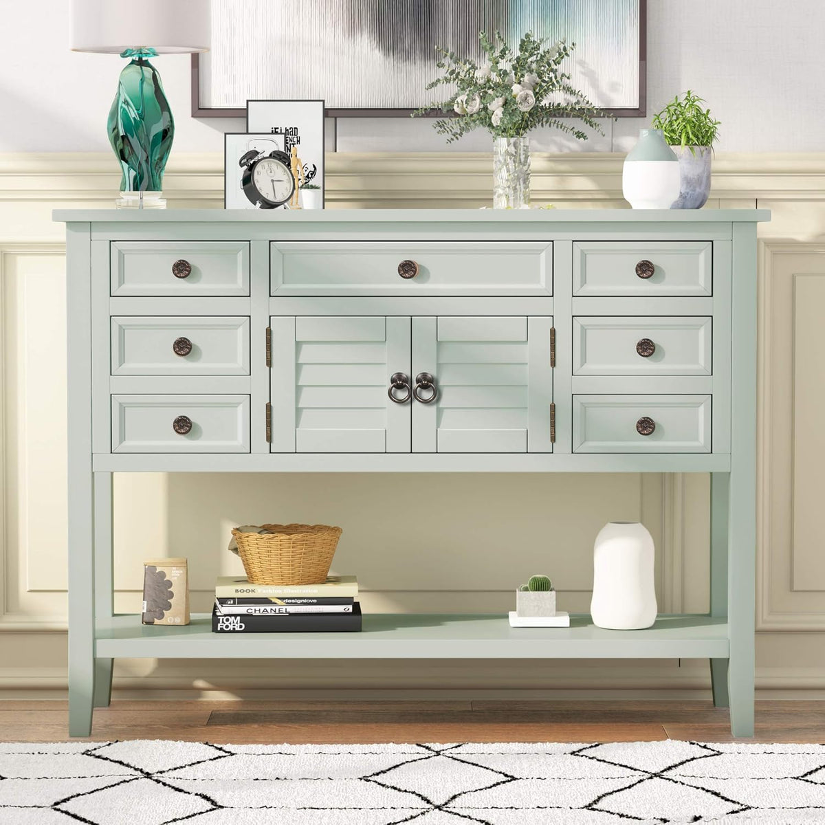Green Solid Wood Console Table with 7 Drawers and 1 Cabinet C30338