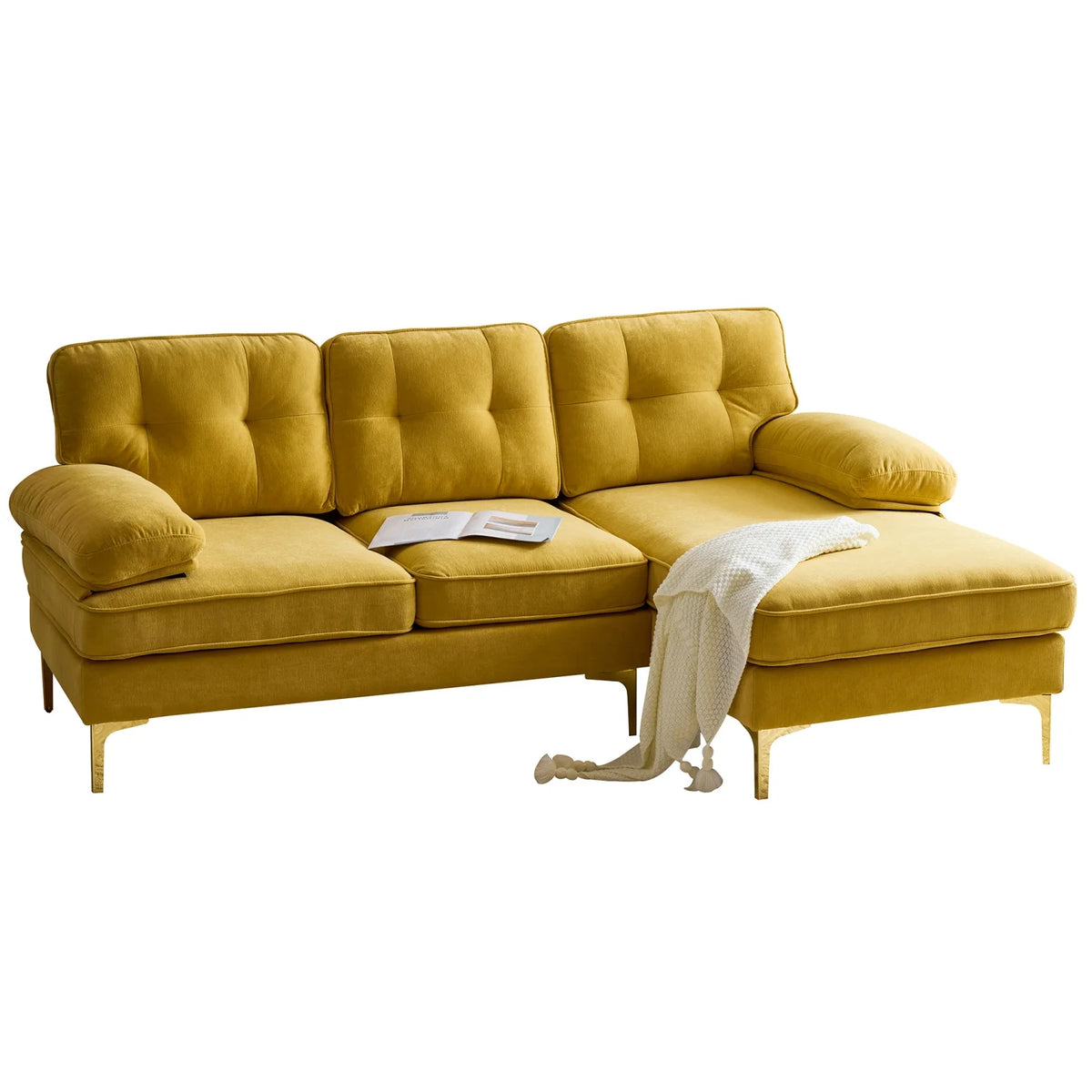 Yellow Velvet 3 Seater Sectional Sofa with Chaise E91262