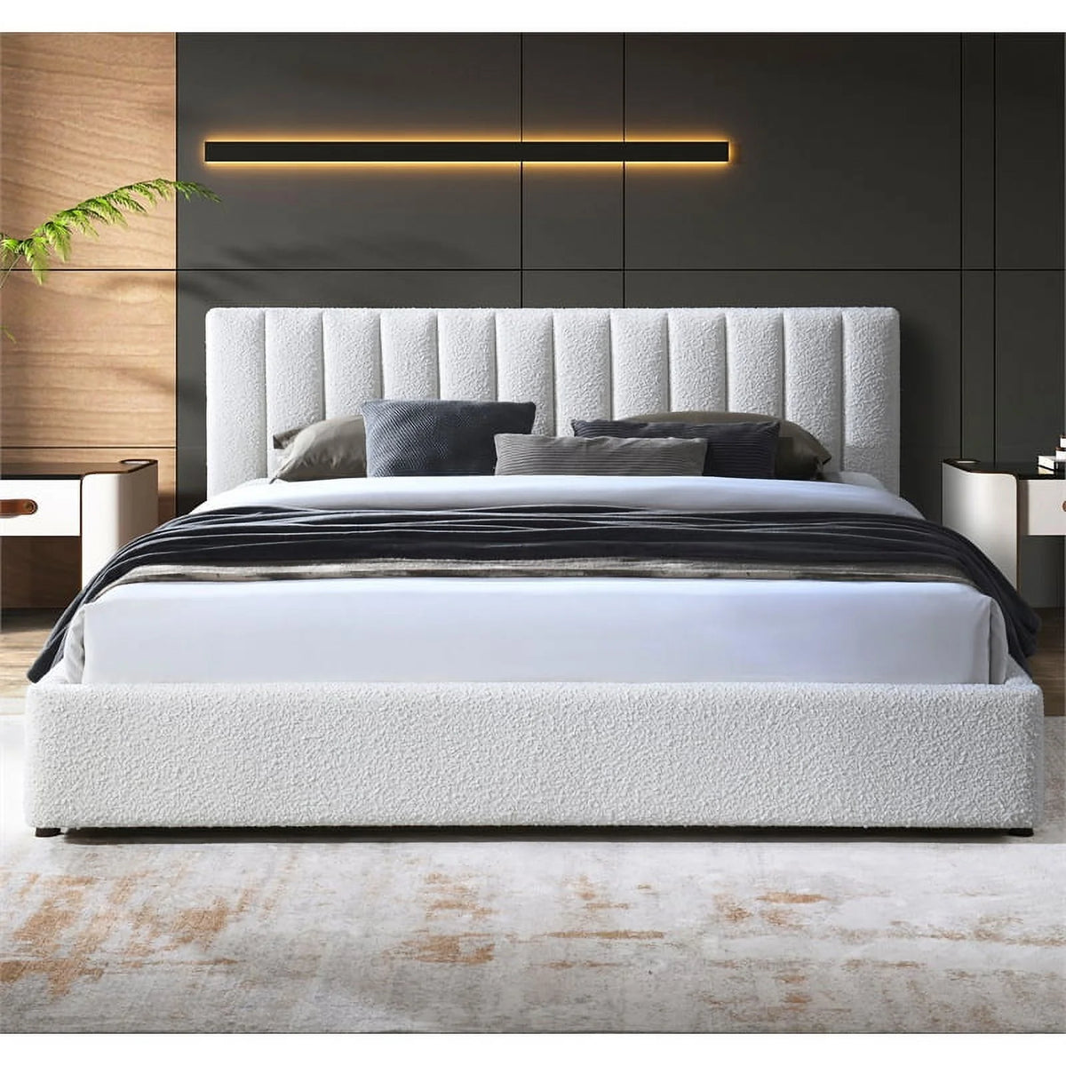 Queen Upholstered Platform Bed White Boucle Fabric H955