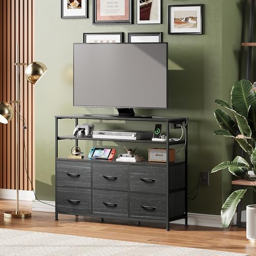 Black 6 Drawer Fabric Dresser with LED Lights and Charging Station U1558