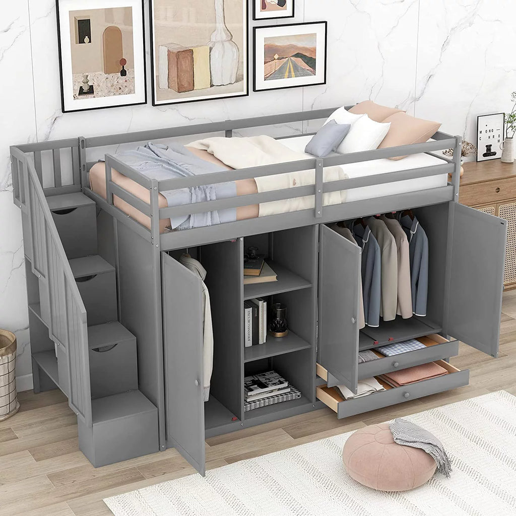 Solid Wood Loft Bed with Stairs, 2 Wardrobes, 3 Shelves and 2 Drawers, Gray N55331