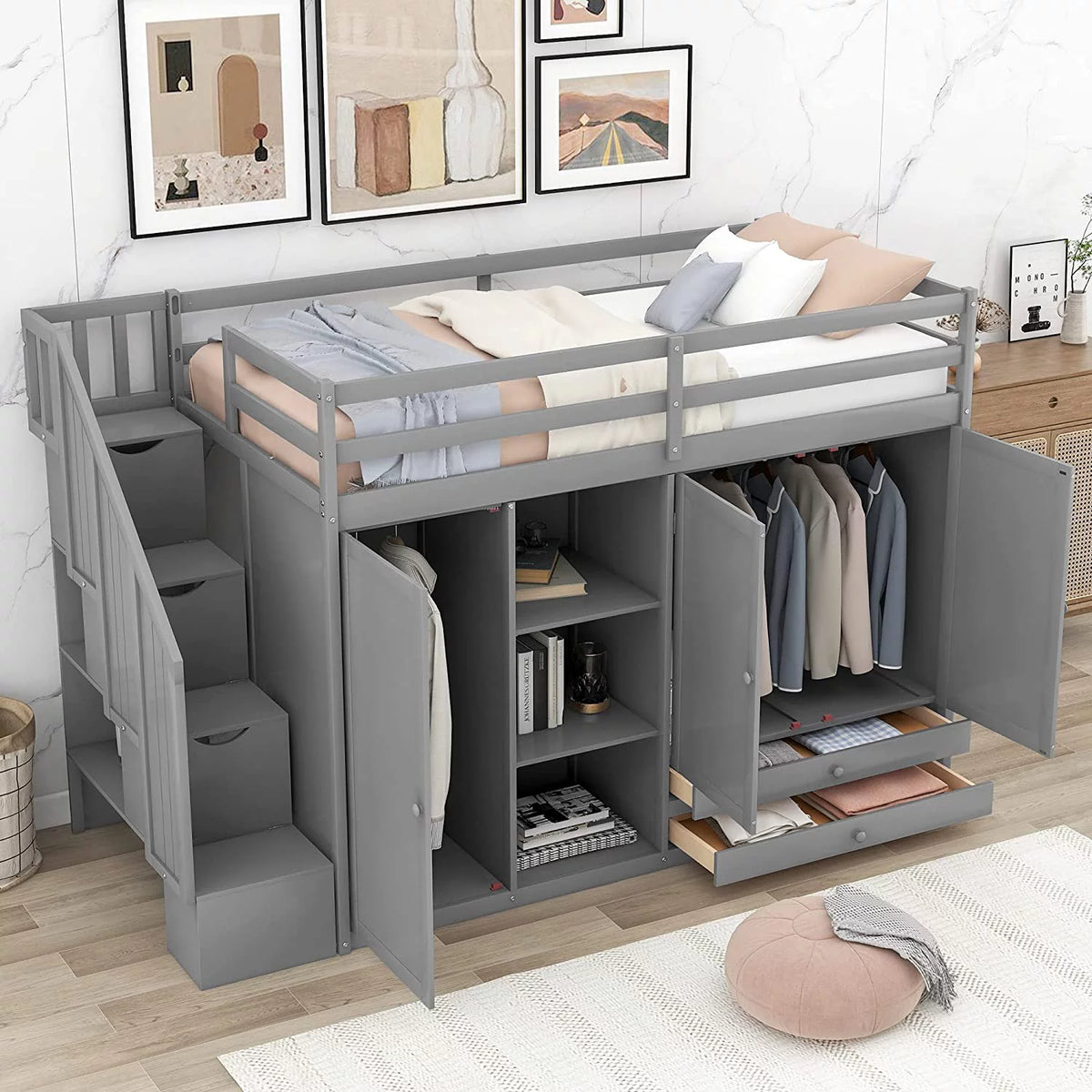 Solid Wood Loft Bed with Stairs, 2 Wardrobes, 3 Shelves and 2 Drawers, Gray N55331