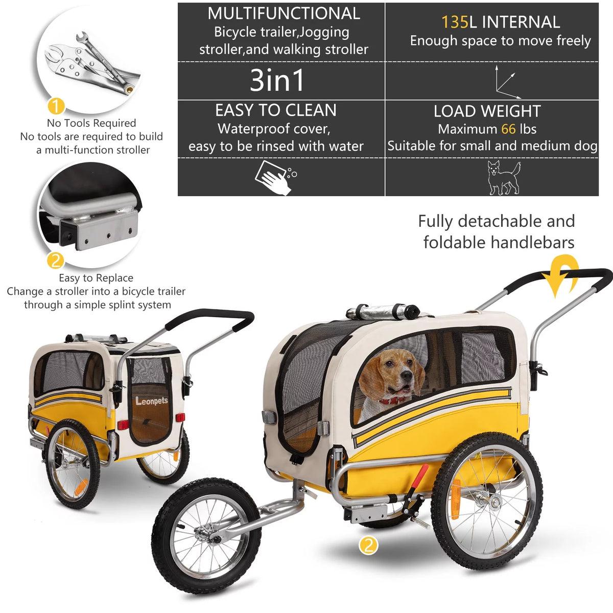 3-in-1 Dog Bicycle Trailer, Dog Stroller, and Dog Jogging Stroller, Orange Z364