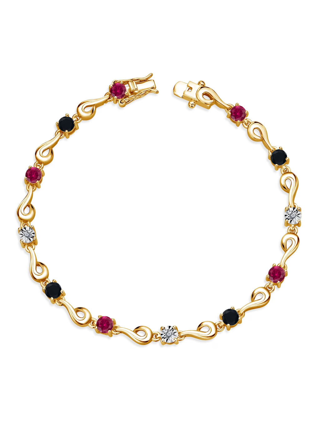 18K Yellow Gold Plated Silver Red Created Ruby Black Onyx White Lab Grown Diamond Bracelet S253380