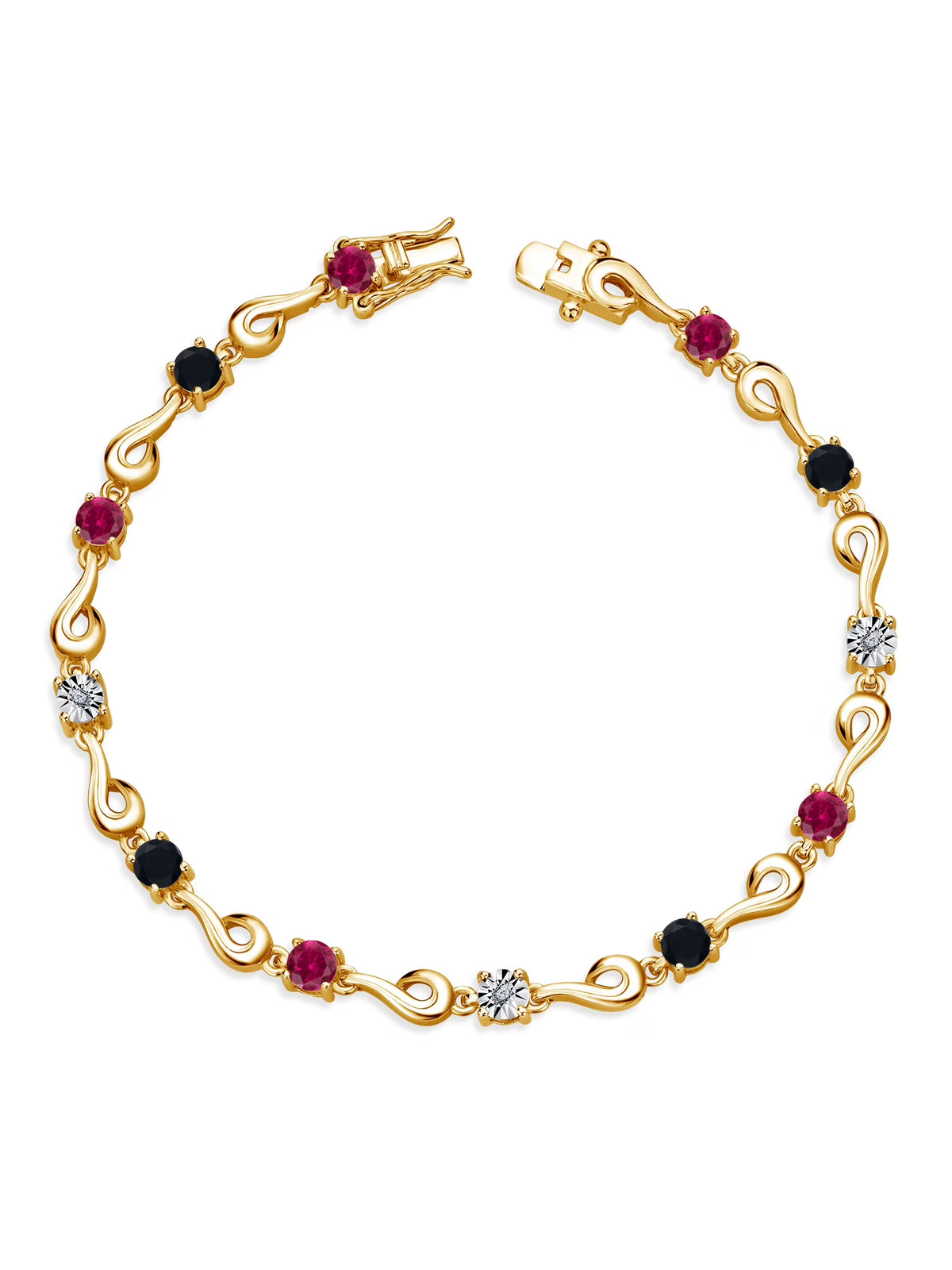 18K Yellow Gold Plated Silver Red Created Ruby Black Onyx White Lab Grown Diamond Bracelet S253380