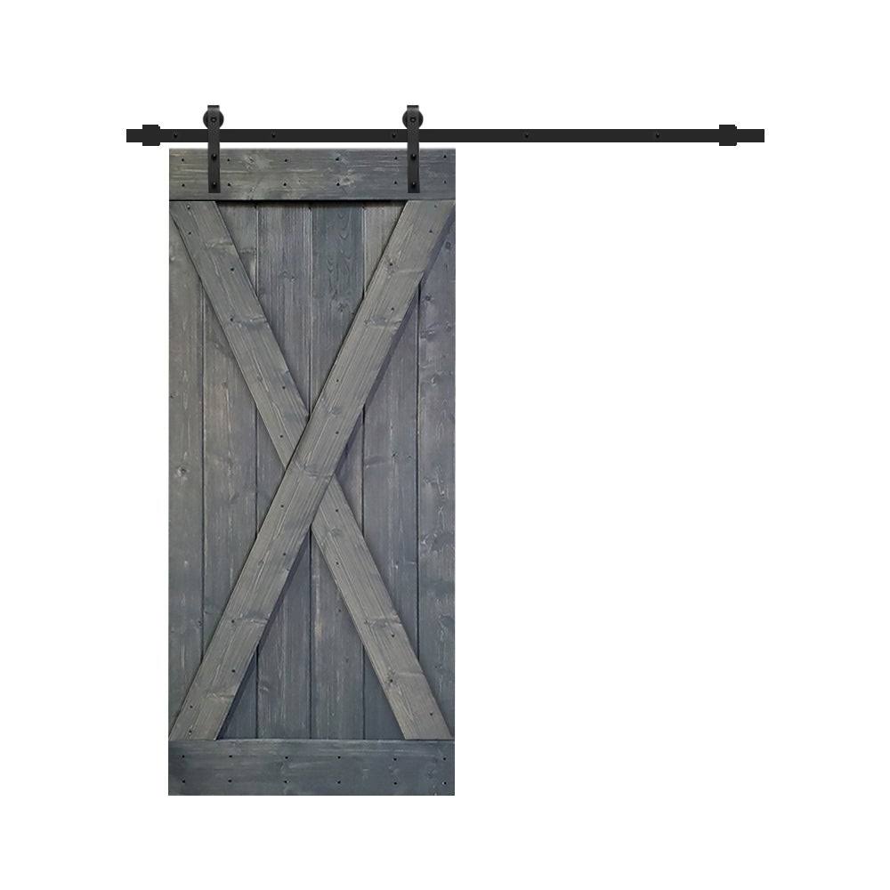 Gray Stained Knotty Pine Wood Interior Sliding Barn Door with Hardware Kit E12105