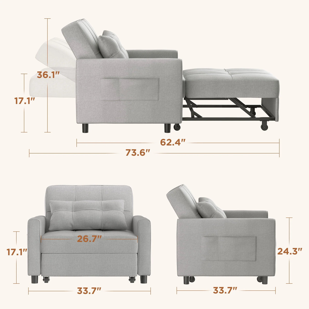 Light Gray Convertible Sofa Bed U378769