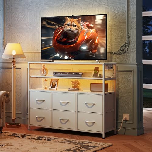 Black 6 Drawer Fabric Dresser with LED Lights and Charging Station U1558