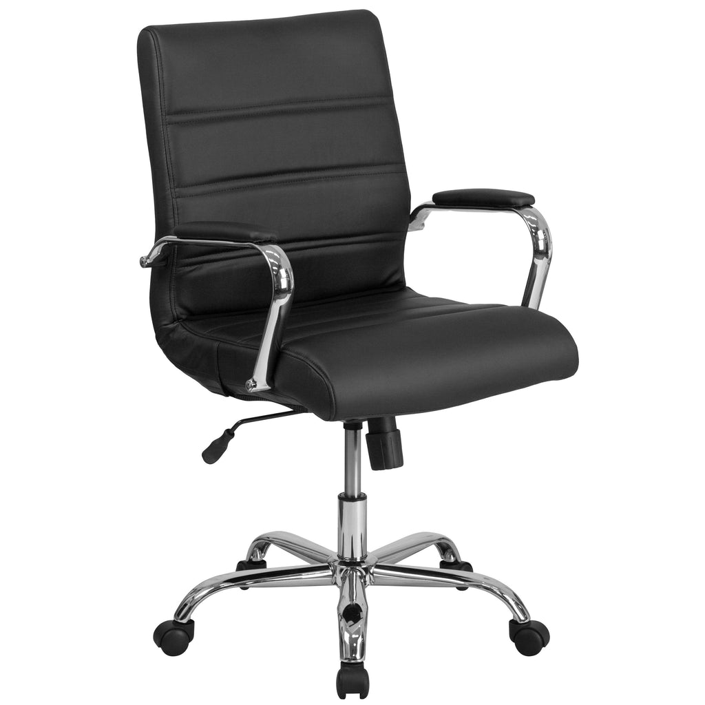 Black Leather Executive Swivel Office Chair with Chrome Base and Arms V2983