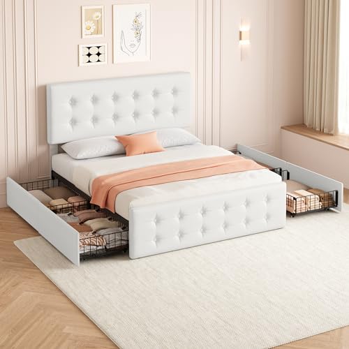 Black Queen Size Faux Leather Upholstered Platform Bed Frame with 4 Storage Drawers and Headboard C4351