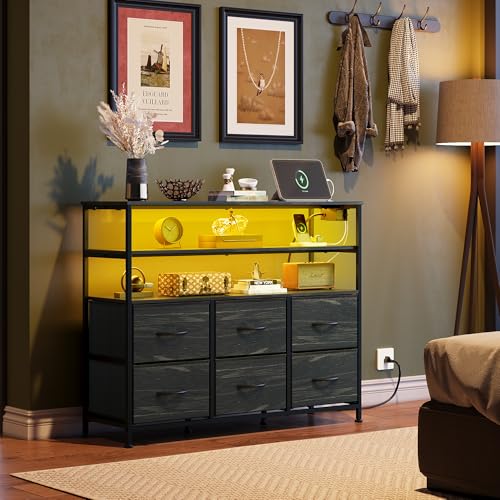 Black 6 Drawer Fabric Dresser with LED Lights and Charging Station U1558