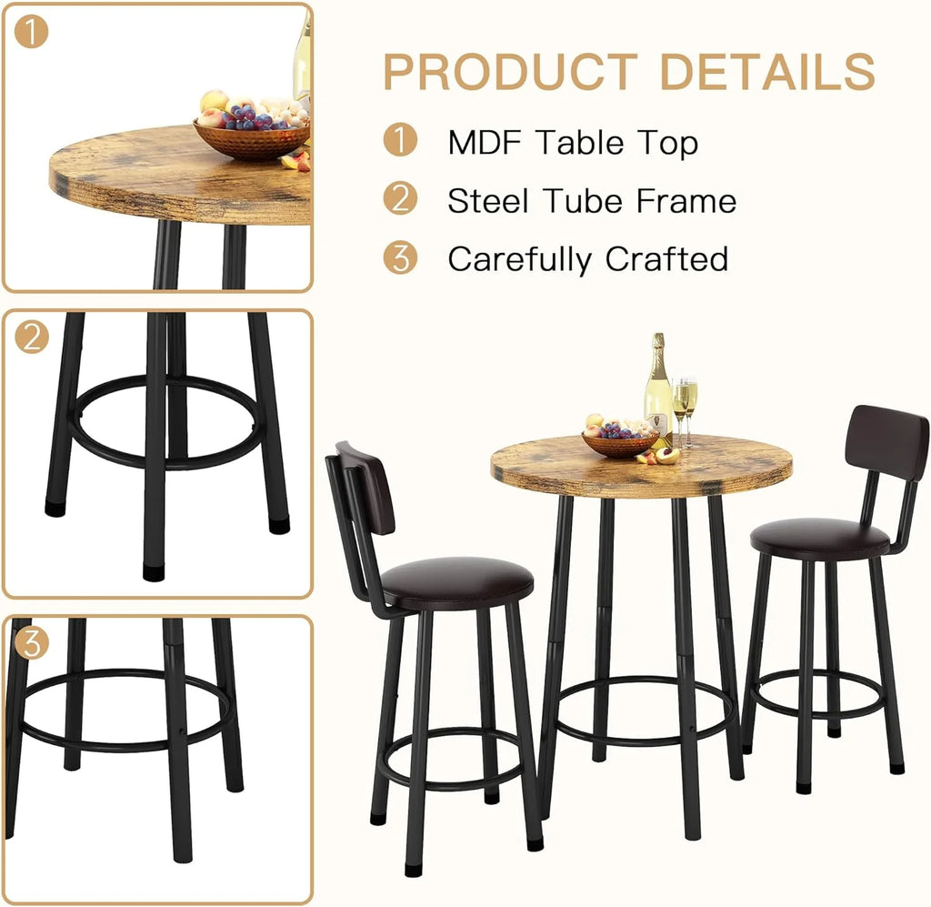 3 Piece Pub Dining Set for 2 Rustic Brown E41136
