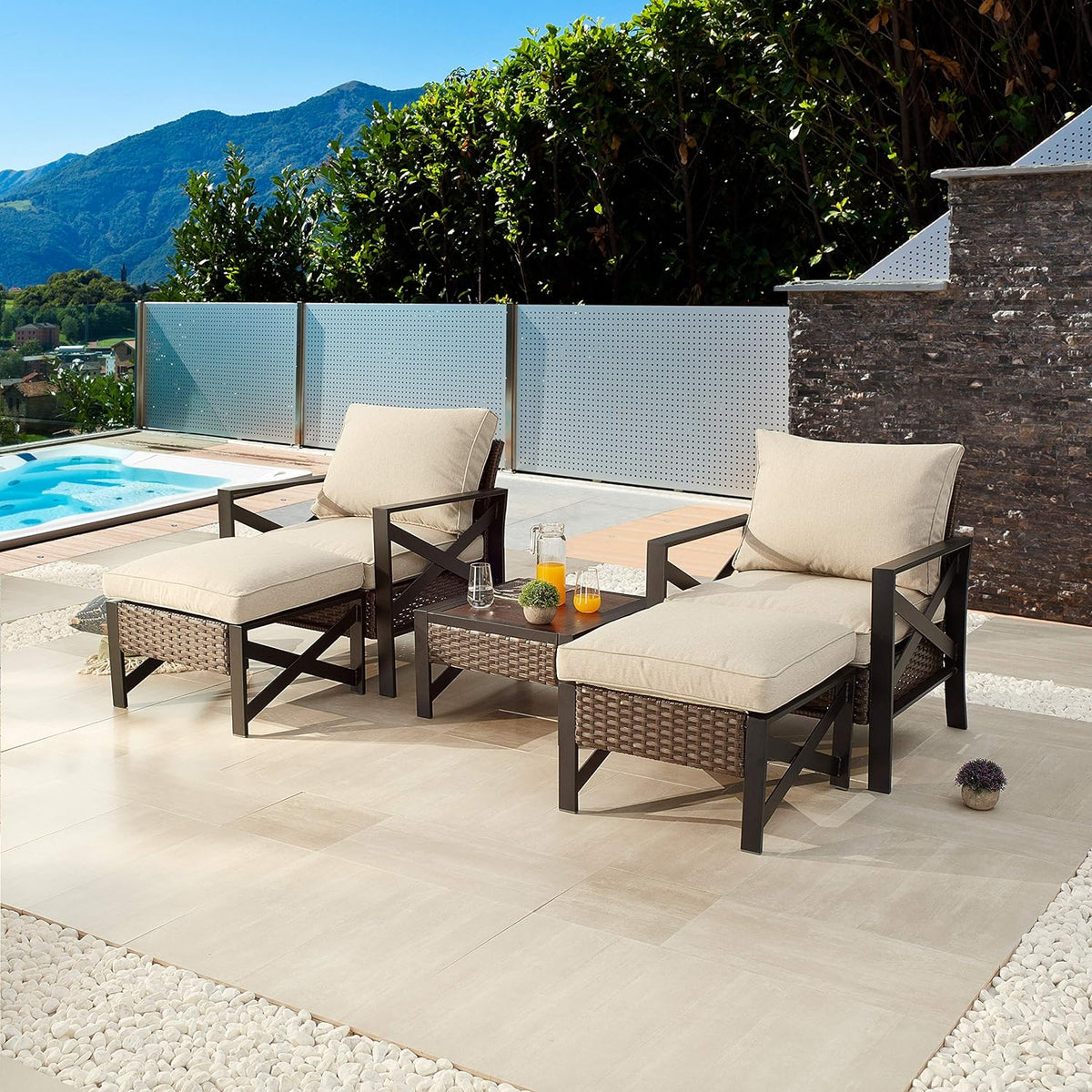 5 Piece Outdoor Wicker Conversation Sofa Set with Cushion and Coffee Table I7118