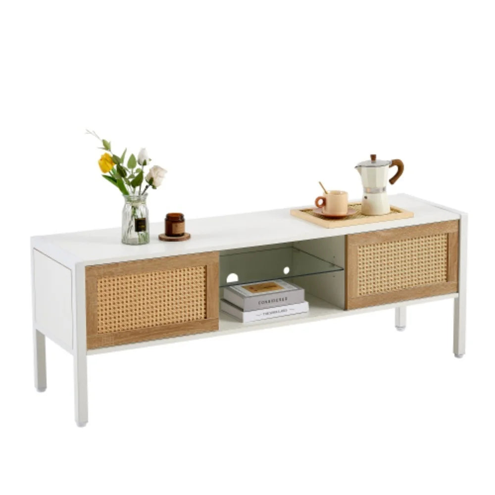 White Rattan TV Cabinet with Sliding Doors and Adjustable Shelf A158104