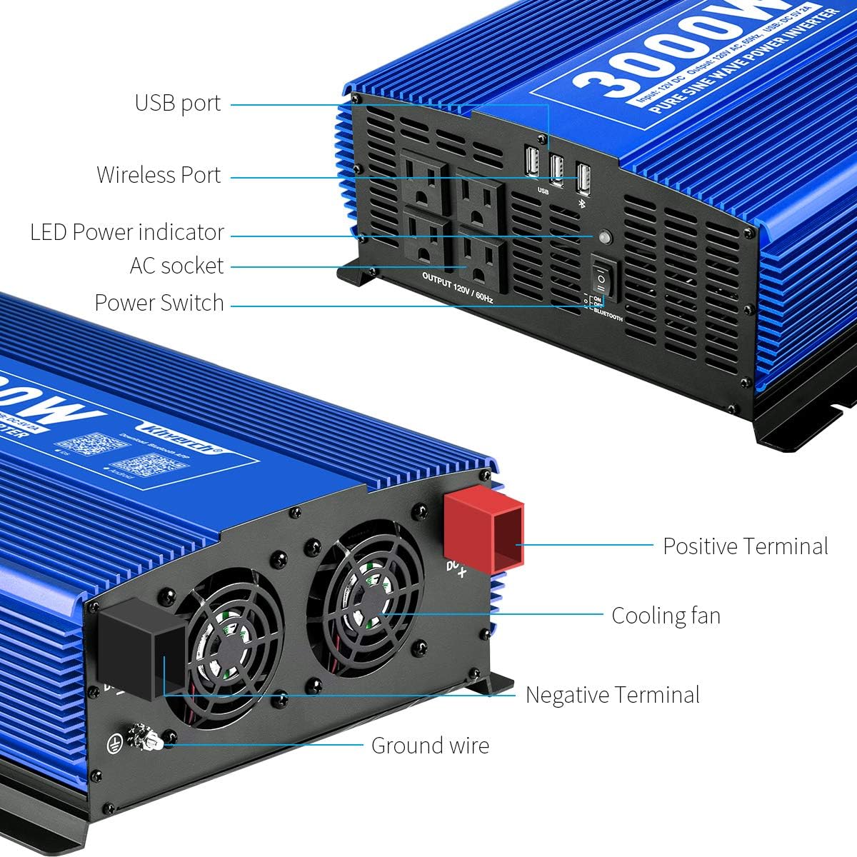 3000W Pure Sine Wave Power Inverter 12V DC to 110V AC Car Inverter with Bluetooth and 4 AC Outlets 2 USB Ports V426393