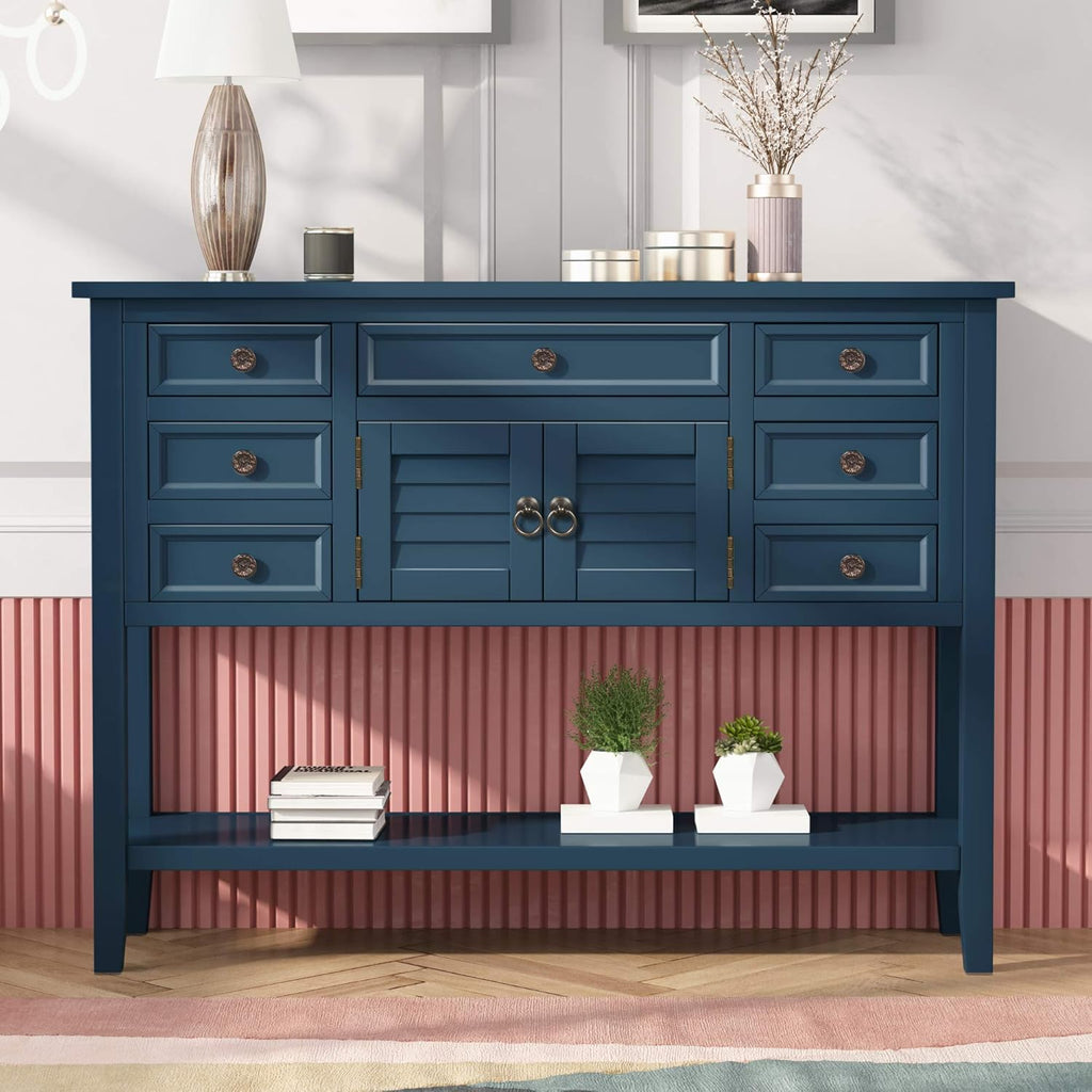 Green Solid Wood Console Table with 7 Drawers and 1 Cabinet C30338