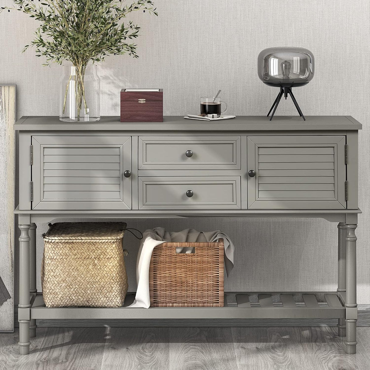 Green Solid Wood Console Table with 7 Drawers and 1 Cabinet C30338