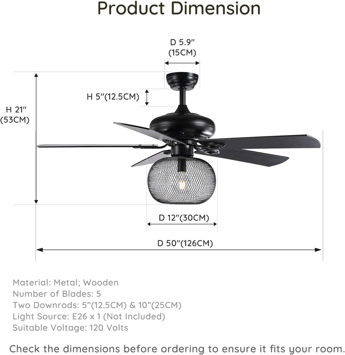 50 Inch Black Industrial Ceiling Fan with Remote V967303