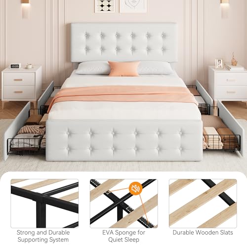 Black Queen Size Faux Leather Upholstered Platform Bed Frame with 4 Storage Drawers and Headboard C4351