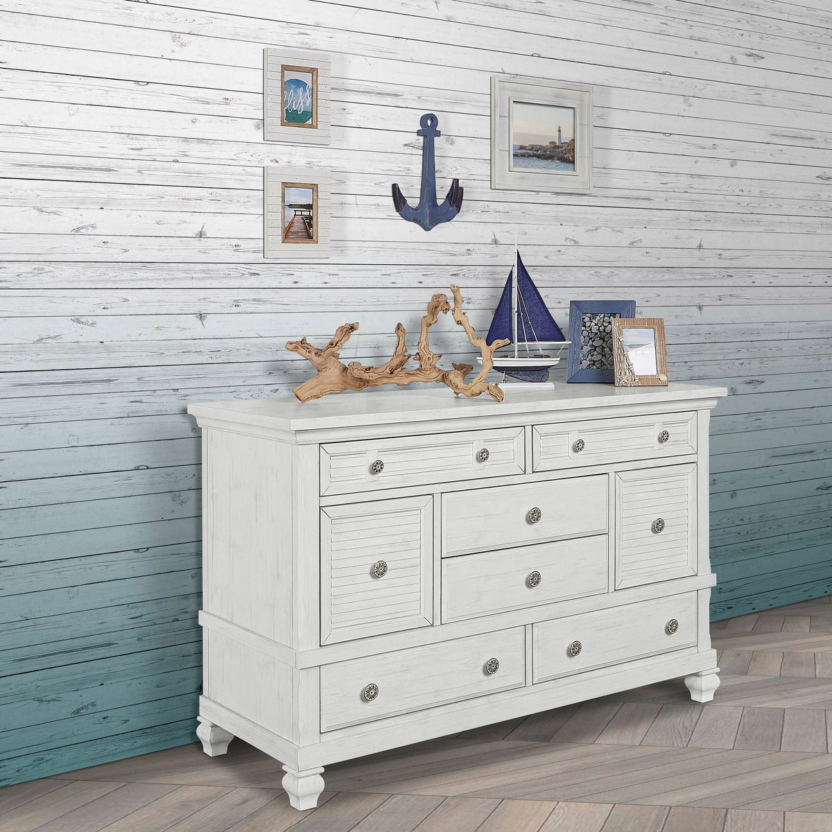 Weathered White 6 Drawers Double Dresser J51424