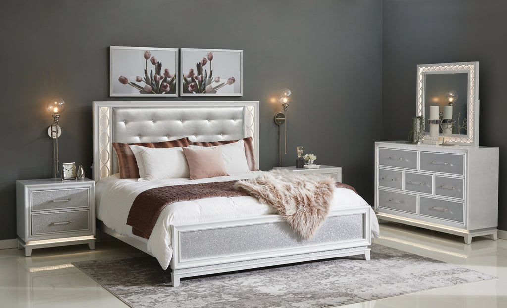 King 5-Piece Bedroom Set with LED Lights, Tufted Bed, Dresser, Mirror, and 2 Nightstands in Pearlized White L118700