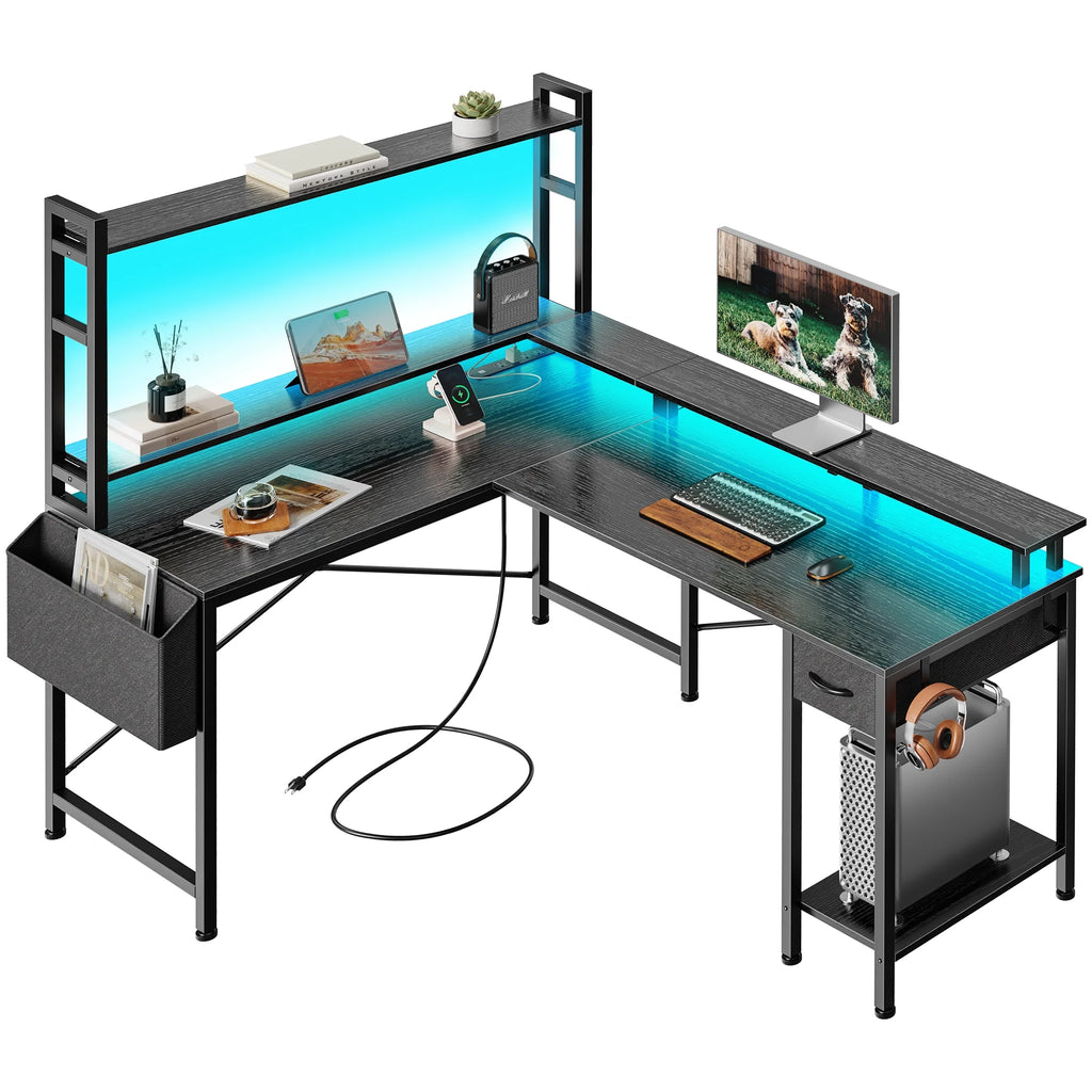 L Shaped Gaming Desk with Power Outlets and LED Lights, Black O963156