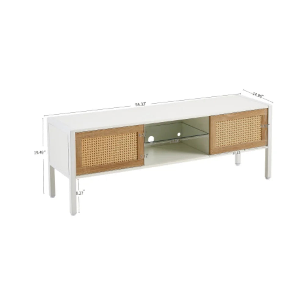 White Rattan TV Cabinet with Sliding Doors and Adjustable Shelf A158104