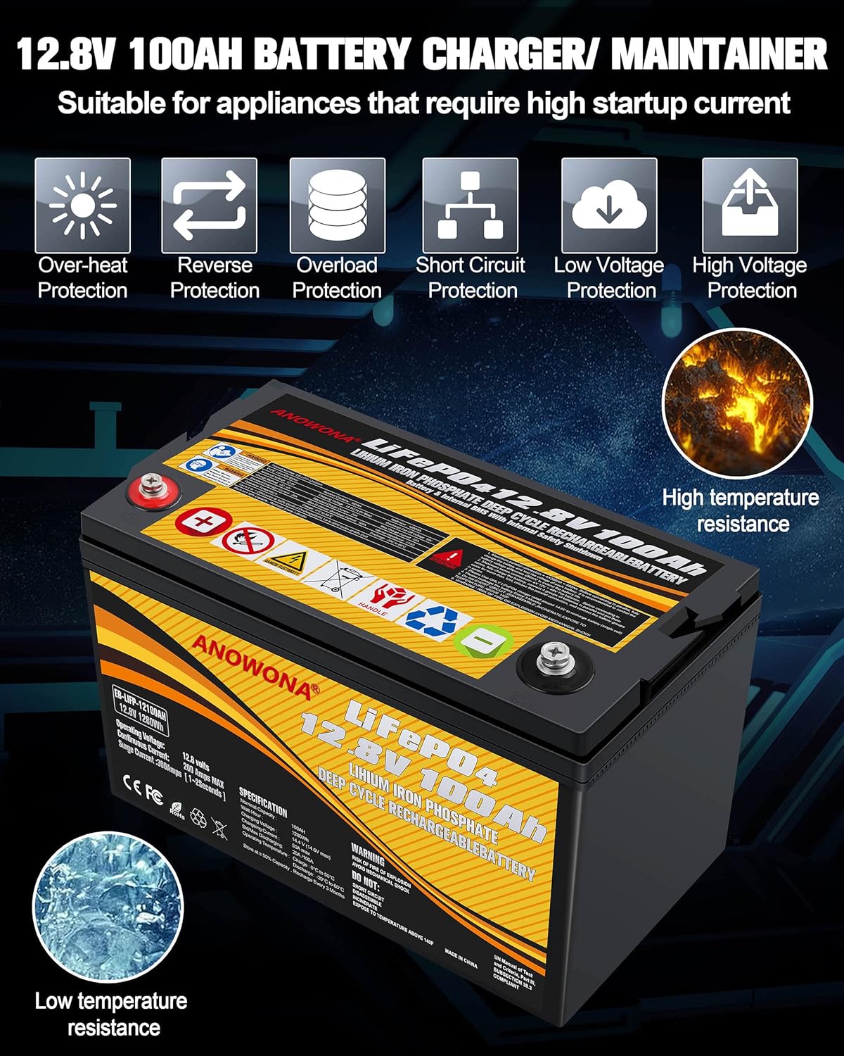 12.8V 100Ah LiFePO4 Deep Cycle Battery with 100A BMS H4491