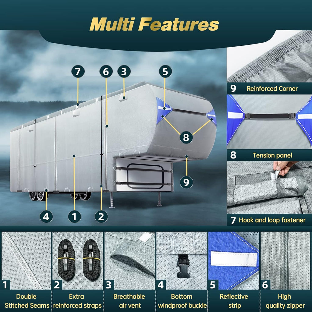 5th Wheel Travel Trailer Cover, 6 Layers Top RV Cover for 33’-37’ RV, Waterproof with 4 Tire Covers & 6 Gutter Covers J2870