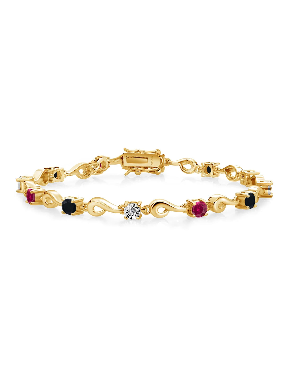 18K Yellow Gold Plated Silver Red Created Ruby Black Onyx White Lab Grown Diamond Bracelet S253380