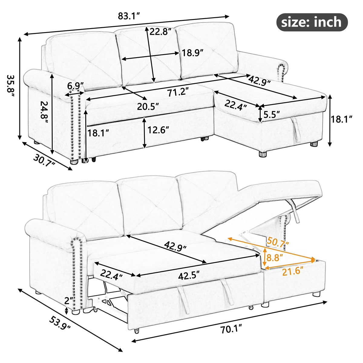 Velvet L Shaped Convertible Sleeper Sofa with Storage Chaise J94013