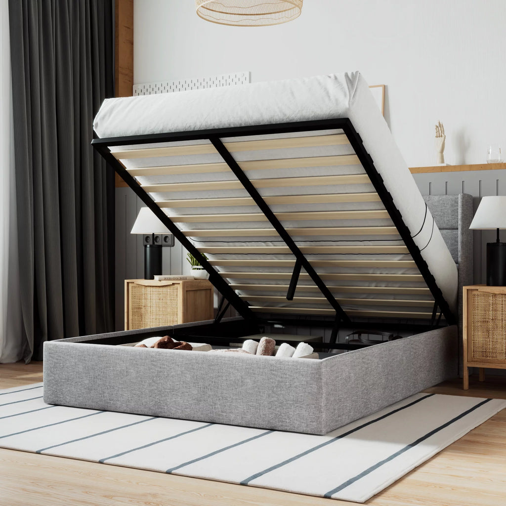 Beige Queen Size Lift Up Platform Bed Frame with Headboard N259