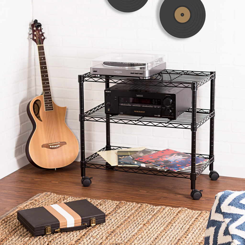 3-Tier Black Metal Rolling Adjustable Media Cart J4654