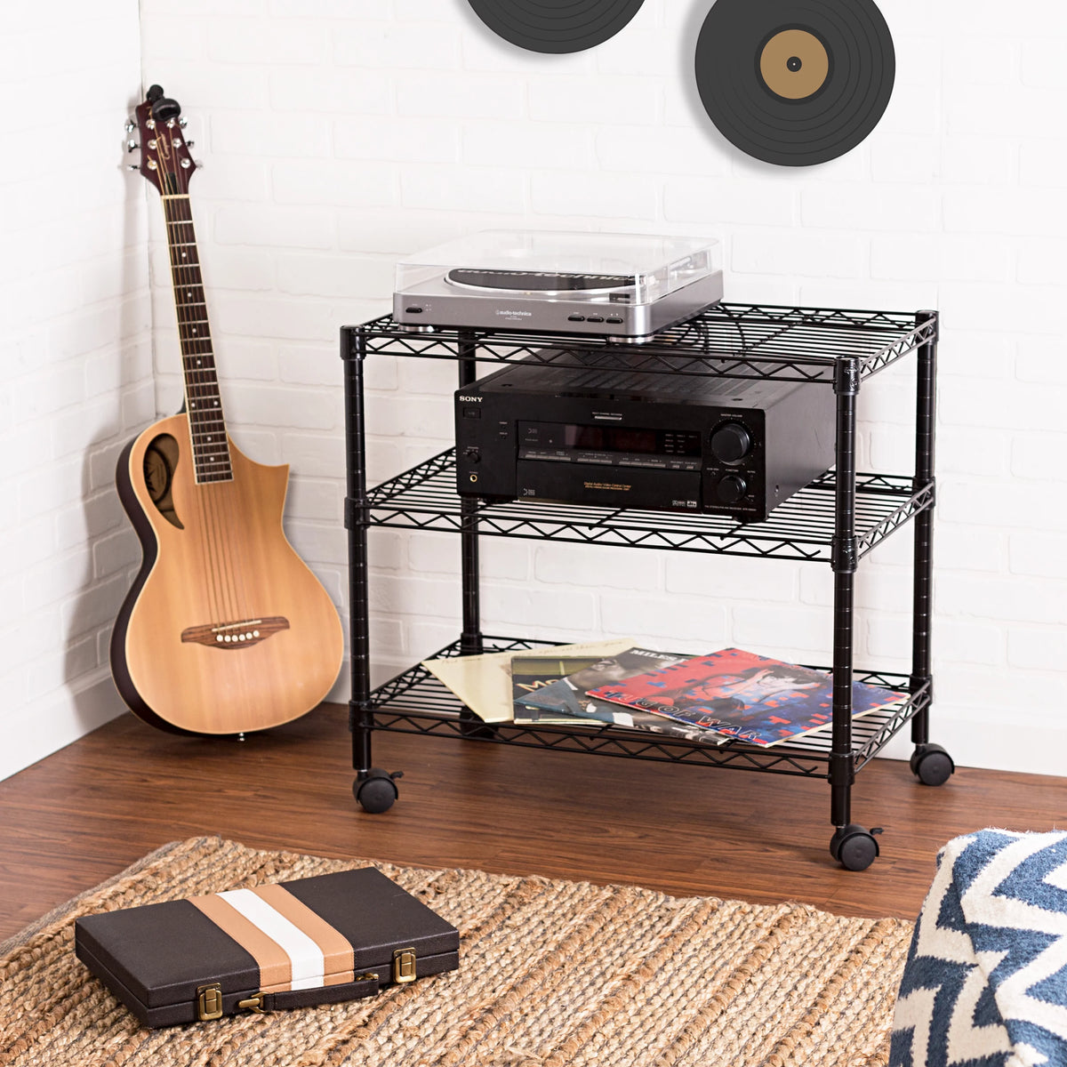 3-Tier Black Metal Rolling Adjustable Media Cart J4654