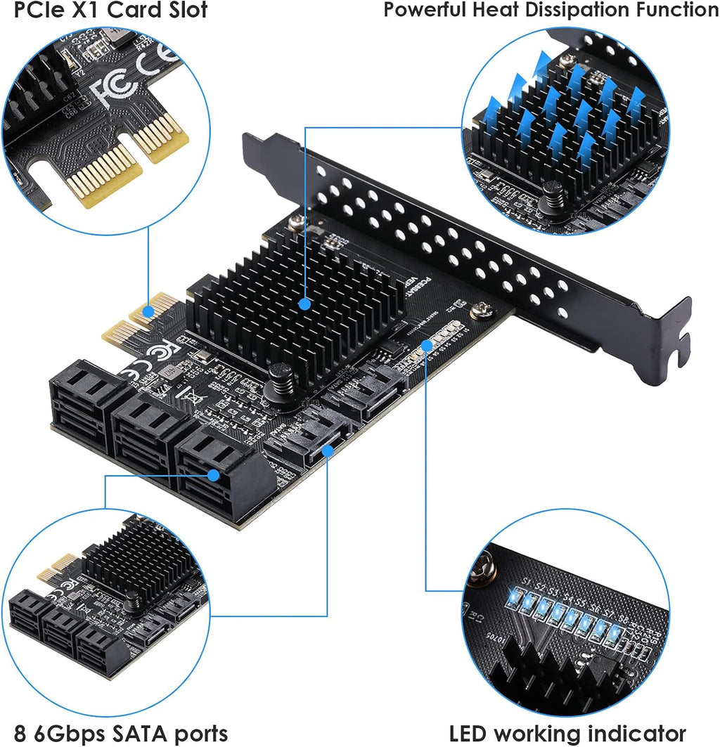 PCIe SATA Card 8 Ports with 8 SATA Cables and Low Profile Bracket I322
