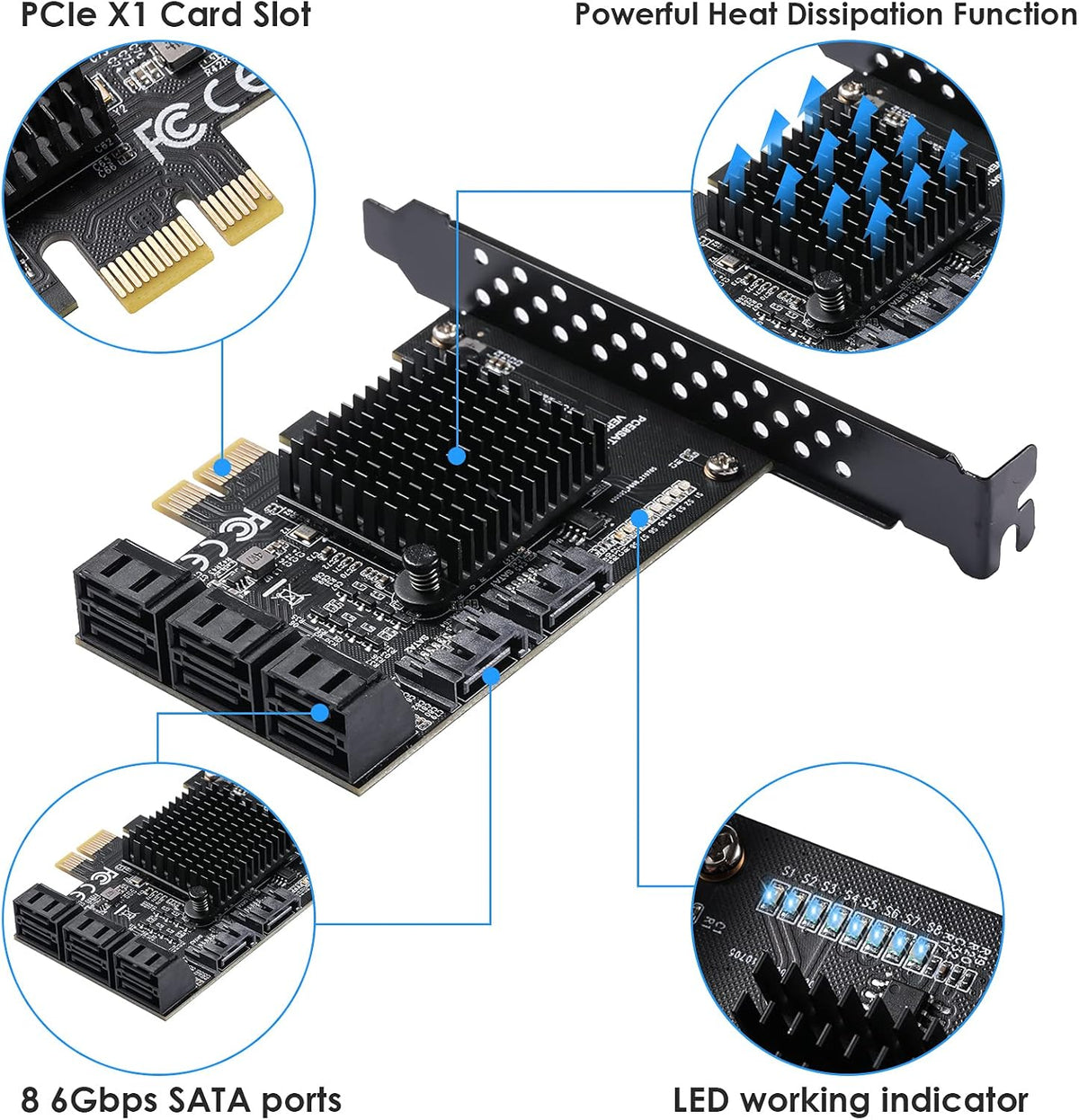 PCIe SATA Card 8 Ports with 8 SATA Cables and Low Profile Bracket I322