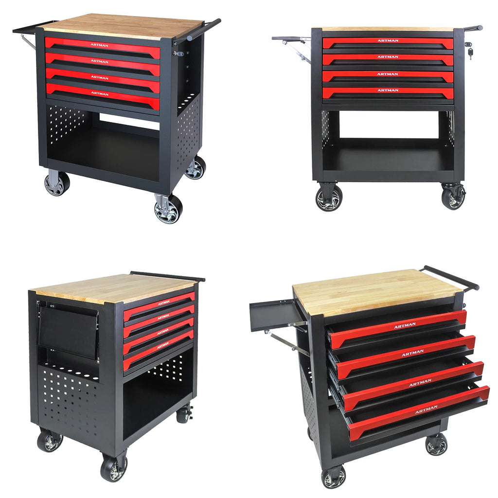 4-Tier Rolling Tool Cart with Cabinet and Wooden Top P7158