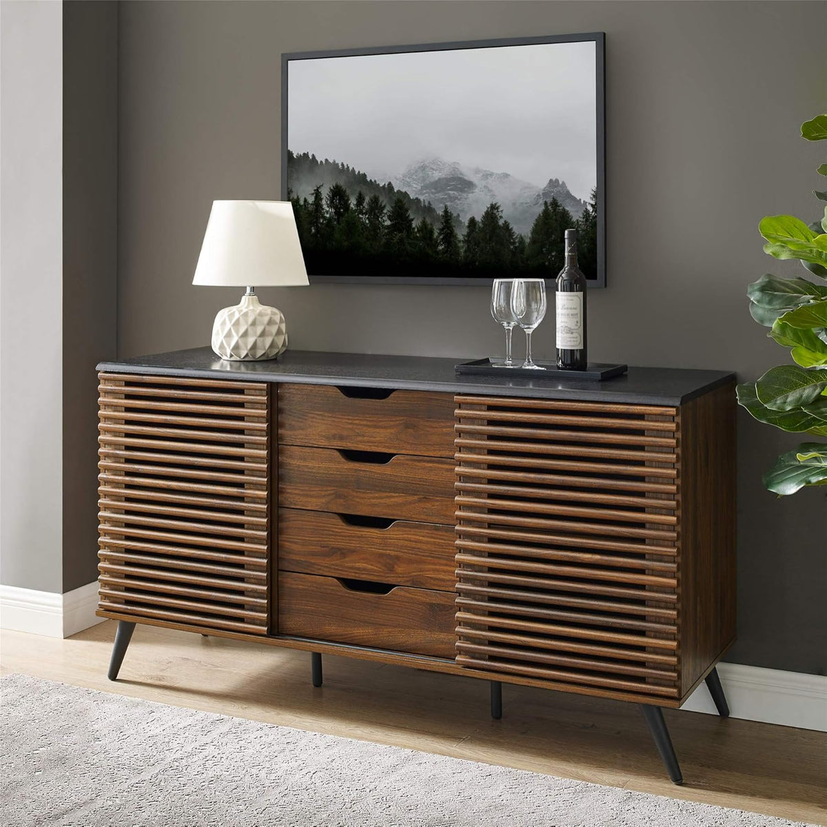 Black and Slate Grey 4 Drawer Sliding Door Wood Cabinet J971605
