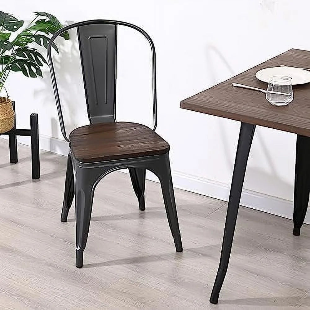 Gunmetal Grey Metal Dining Chairs Set of 4 with Wood Seat U920