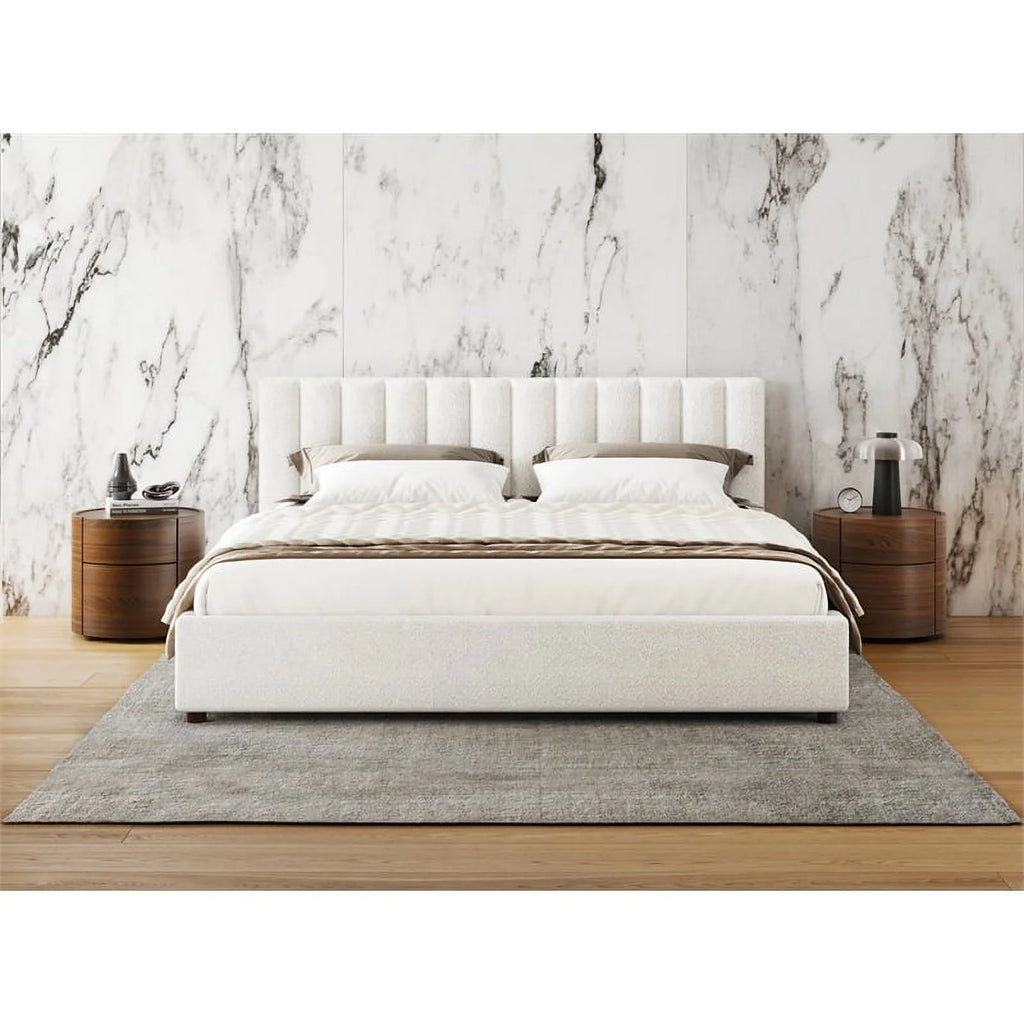Queen Upholstered Platform Bed White Boucle Fabric H955
